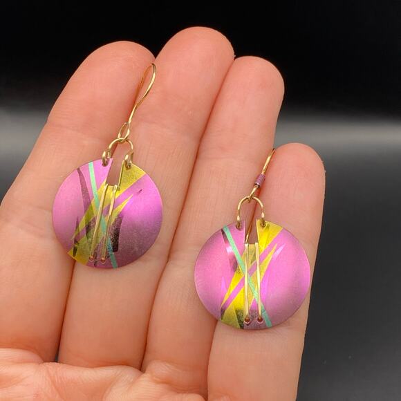 HOLLY YASHI Earrings Niobium Round Circle Pink Gold Blue Dangle Drop Signed - Picture 4 of 7